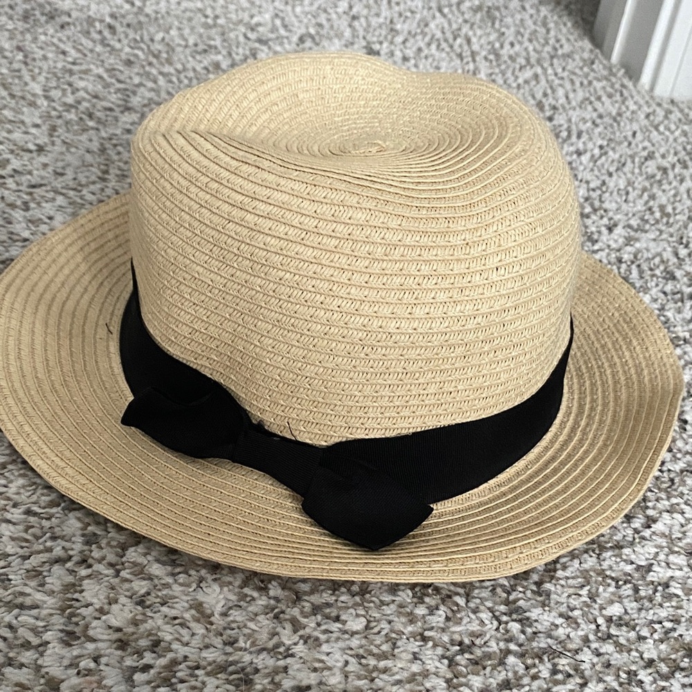Straw bucket Hat with Black Ribbon